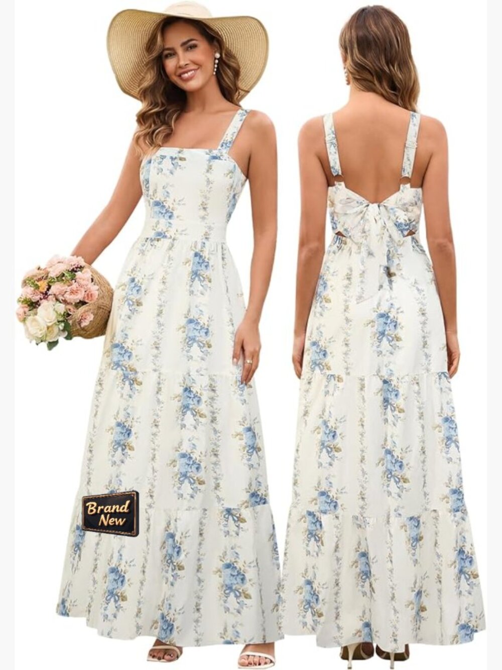 Floral Square Neck Sleeveless Maxi Sundress for Women Wedding Guest Boho A-Line